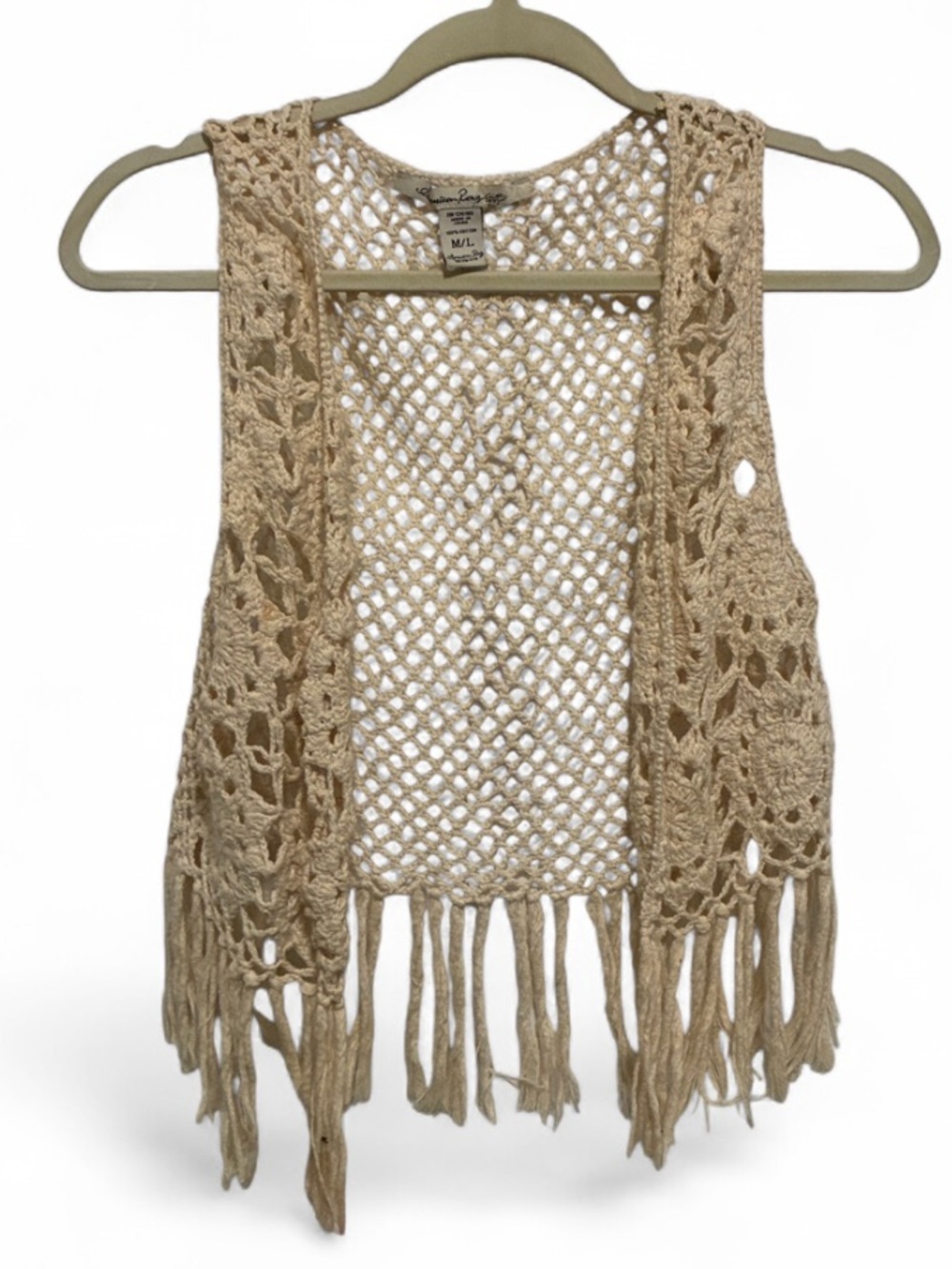 Y2K American Rag Boho Crochet Open Front Fringe Vest - Cream